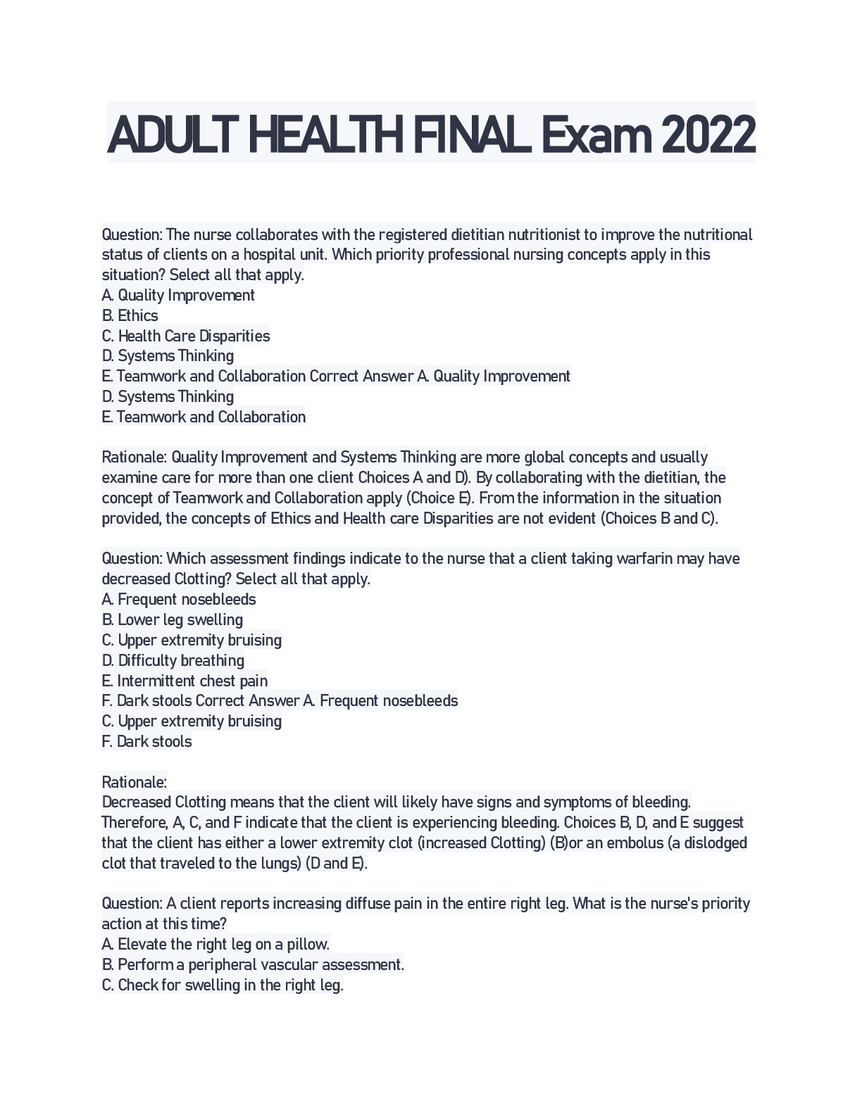 ADULT HEALTH FINAL Exam 2022 Browsegrades
